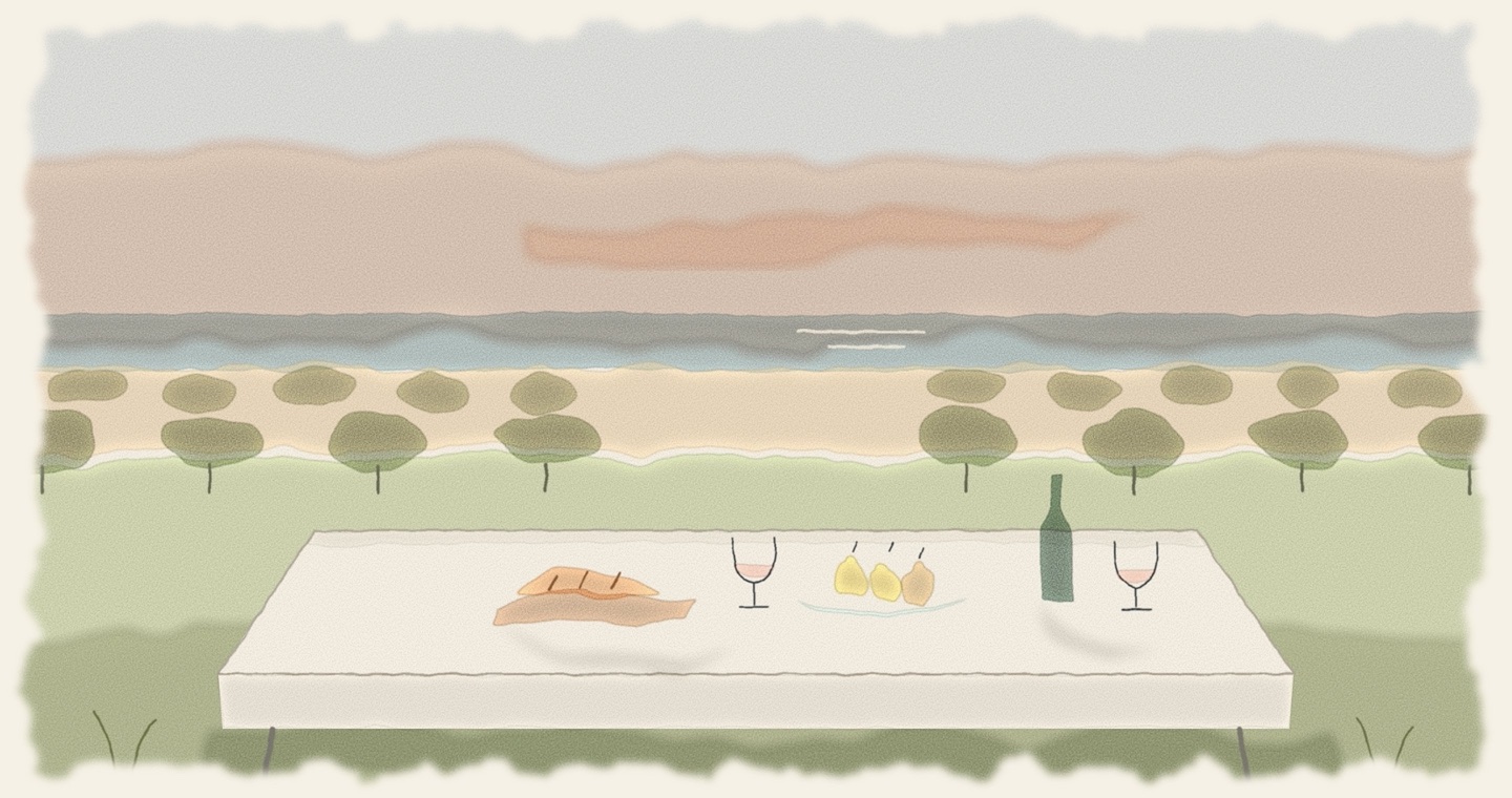 Watercolor of a table laid out on a lawn at the end of a summer evening: a board of bread, pears in a bowl, a green bottle and two glasses of rosé on a pale cloth, rows of orchard trees beyond, and the lake under a peach sky