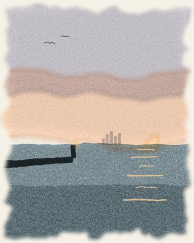 Watercolor of the harbor breakwall at dusk with a small light at its end