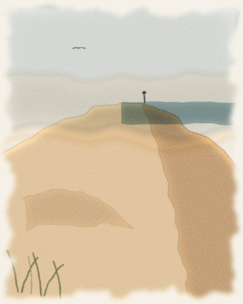 Watercolor of a lone walker atop a tall dune above the lake