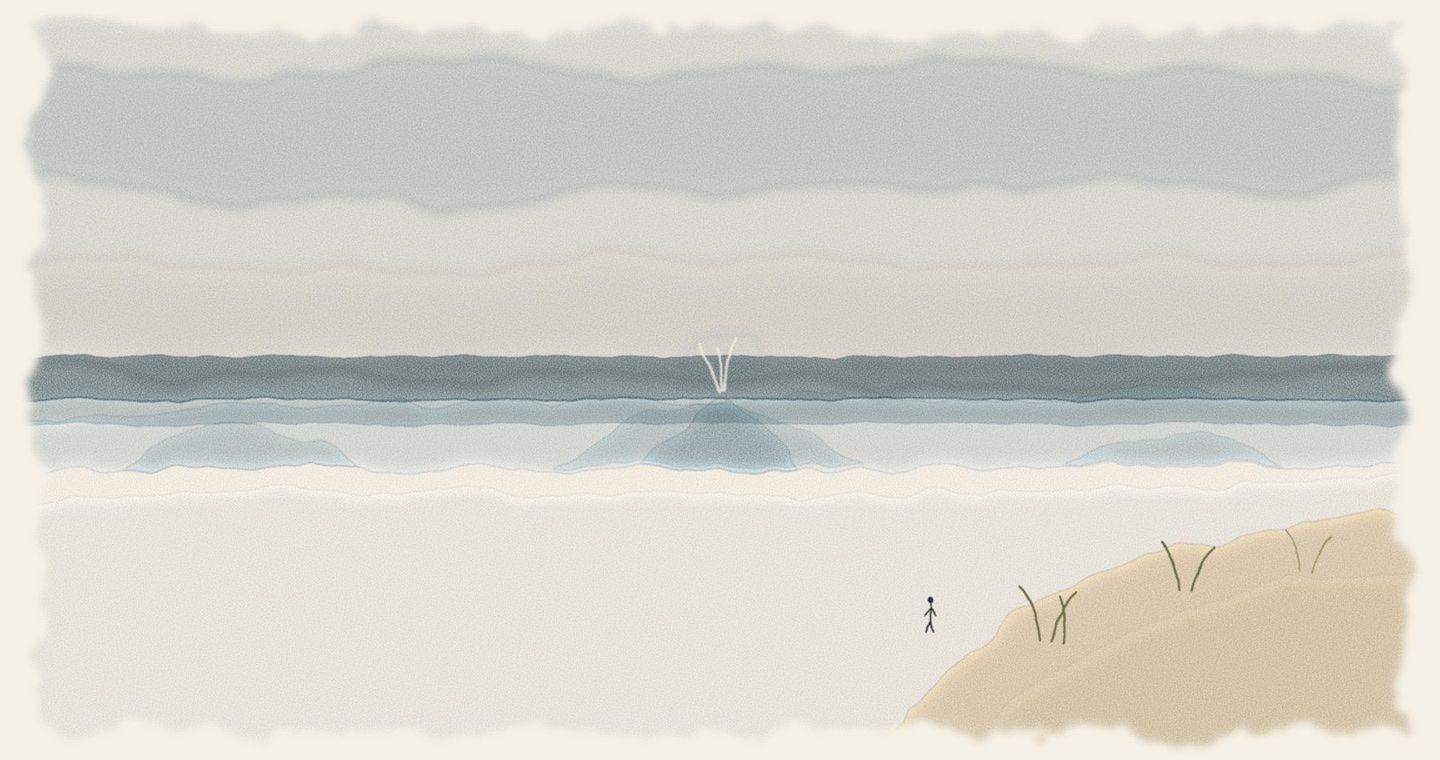 Watercolor of the winter shore: ridges of white and blue-grey shelf ice built out into the lake, a small ice cone at the edge, a snowy dune at right and one figure standing well back on the beach