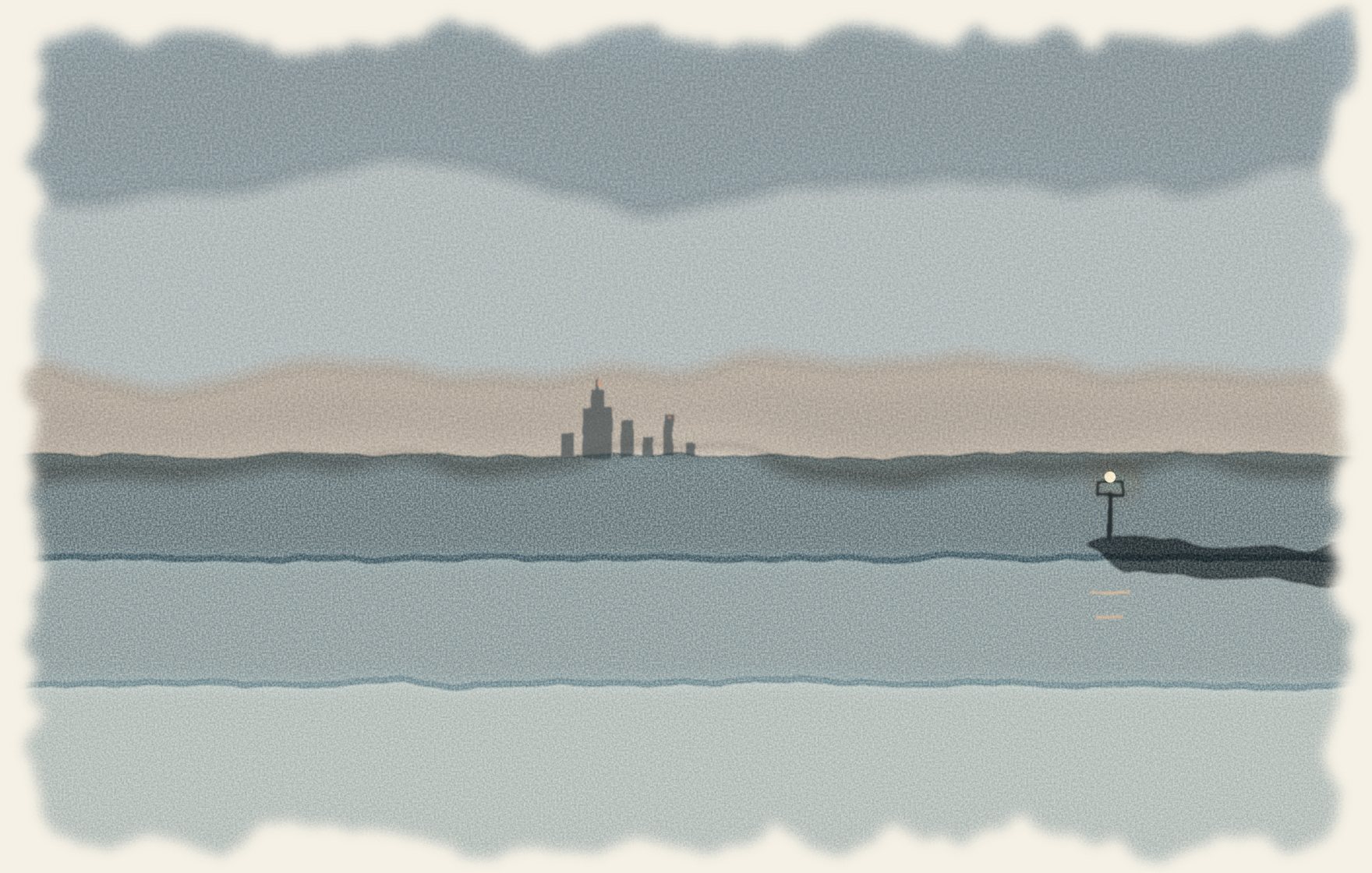 Watercolor of slate-blue water after sunset with a band of pale gold light low in the sky, a faint row of towers on the horizon, and the dark end of the breakwall with its small light at right