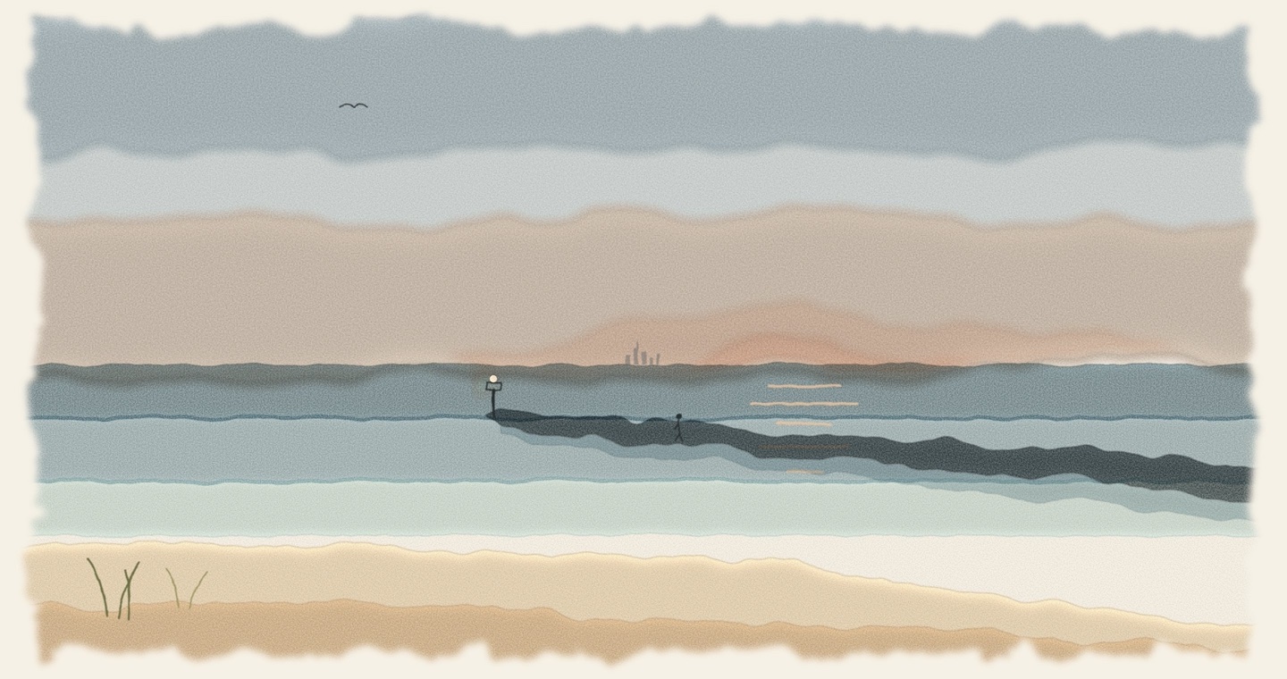 Watercolor of the New Buffalo breakwall at dusk running out into the lake, a small light at its end and one figure on the wall, under a peach and grey sky with a faint line of towers on the horizon