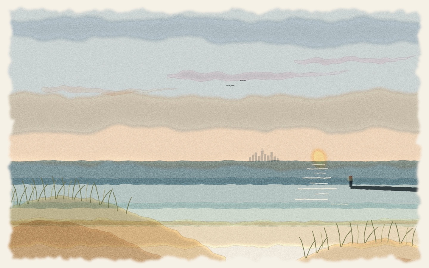 Watercolor of Lake Michigan at sunset from the dunes at New Buffalo, with the Chicago skyline faint on the horizon