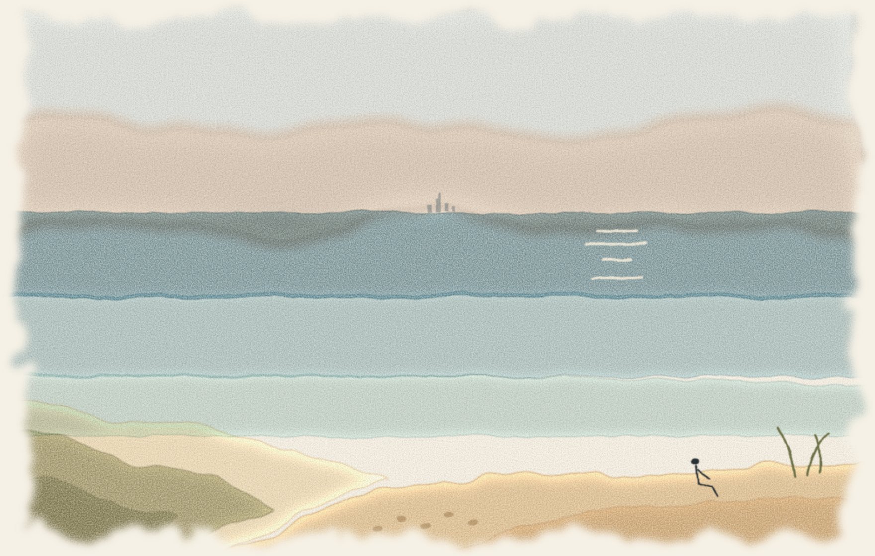 Watercolor of the view west from the top of the dune: a wide lake under a warm sky, a faint cluster of towers on the horizon, the wooded shoreline curving away at lower left and a small seated figure on the sand crest